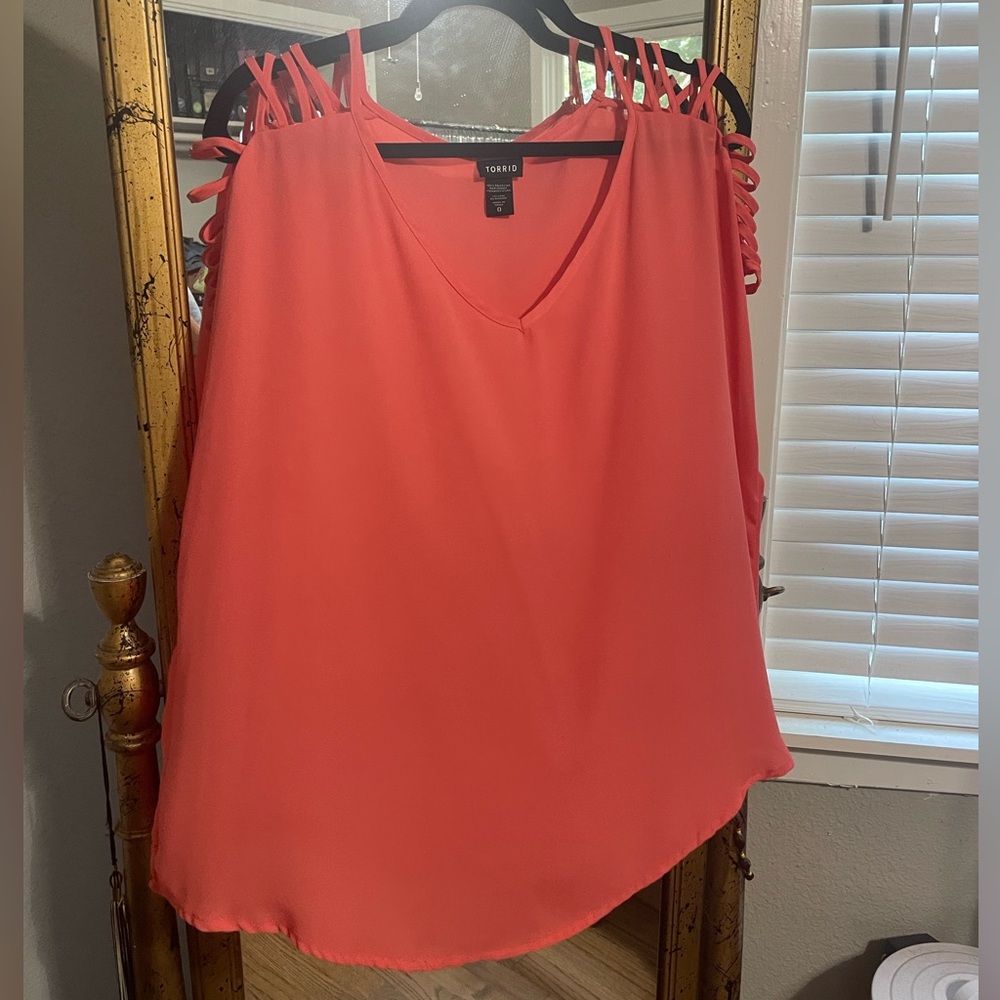 Torrid Coral Ladder Sleeve Georgette Blouse - Picture 2 of 6